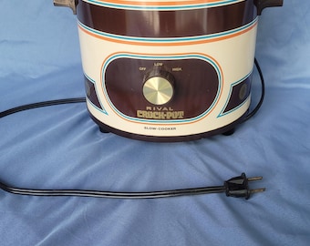 Vintage Rival Crock Pot Brown Cream Striped Model 3100/2 Slow Cooker 3.5 Qt Retro Works