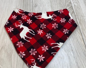 Customizable Pet Bandana with snaps: 100% Cotton flannel, washable and durable. Many sizes! Deer plaid pattern