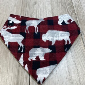 Customizable Pet Bandana with snaps: 100% Cotton flannel, washable and durable. Many sizes! plaid animal pattern