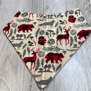 Customizable Pet Bandana with snaps: 100% Cotton flannel, washable and durable. Many sizes Woodland pattern image 1