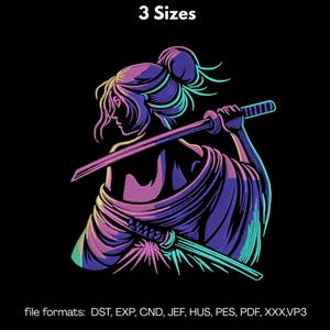 Op de afbeelding: Een neonkleurige illustratie van een persoon met een zwaard, tegen een zwarte achtergrond. De figuur is afgebeeld in tinten paars, roze en teal, met de tekst "3 Sizes" bovenaan. De afbeelding bevat ook een lijst met bestandsformaten.
