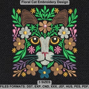 Floral Cat Machine Embroidery Design, Animal Embroidery Design, Floral Cat Embroidery Design, 3 Sizes, Instant Download