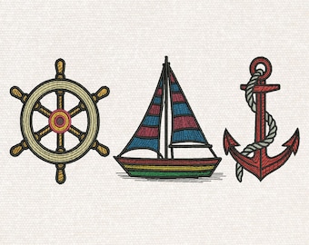 Stickdatei, Segelboot, Anker & Steuerrad, 3 Größen, Instant Download.