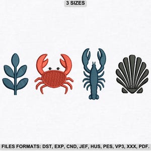 Sea Life Embroidery Designs, Crab, Lobster, Shell & Seaweed, 3 Sizes, Instant Download.