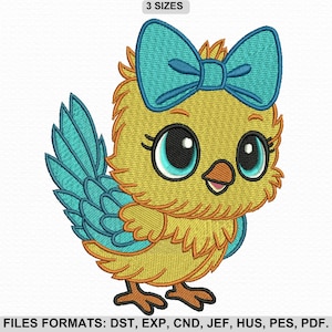 Joli motif de broderie poussin avec noeud, broderie Machine oiseau floral, broderie machine animaux lunatique, 3 tailles, téléchargement immédiat.