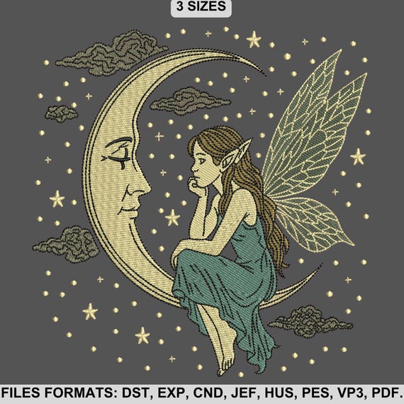 Fairy on Moon Embroidery Design, Fantasy Fairy Starry Night Embroidery, 3  Sizes, Instant Download. - Etsy Israel