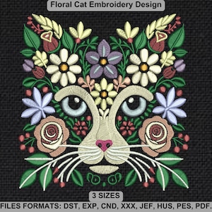 Floral Cat Embroidery Design, Animal Embroidery Design, Cat Machine Embroidery Design, 3 Sizes, Instant Download.