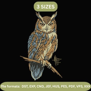 May include: An embroidered owl design in shades of brown, blue, and tan, perched on a branch against a black background. The image includes the text "3 SIZES" and file format information.