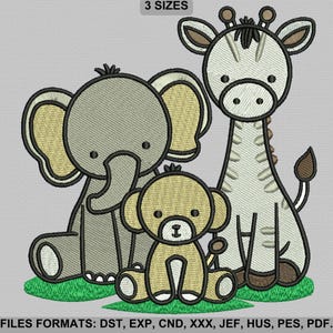 Safari embroidery designs, machine embroidery pattern, Elephant, Giraffe & Monkey embroidery design, 3 Sizes, Instant Download.