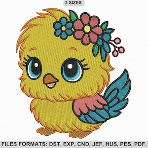 Motif de broderie poussin mignon, oisillon avec des fleurs, broderie Machine oiseau, broderie animale fantaisiste, 3 tailles, téléchargement immédiat.