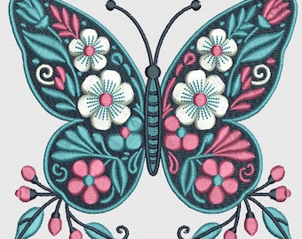 Floral Butterfly Embroidery Design, Machine Embroidery, 3 Sizes, Instant Download.
