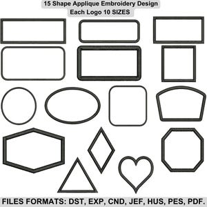 Applique Shape Logo Frame Embroidery Bundle, 15 Designs in 10 Sizes, Rectangle, Oval, Circle, Heart & More Digital Machine, Instant Download