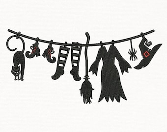 Witch Clothesline Embroidery Design, Halloween Black Cat, Broom Embroidery, 3 Sizes, Instant Download.