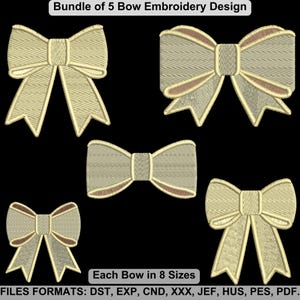 Pode incluir: Um conjunto de cinco desenhos de bordado que apresentam diferentes estilos de laços. Cada desenho de laço está disponível em oito tamanhos. Os desenhos são de cor creme e são adequados para máquinas de bordar. Os formatos de arquivo incluídos são DST, EXP, CND, XXX, JEF, HUS, PES e PDF.