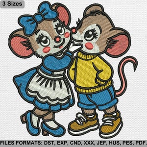 かわいいマウスのカップルの刺繍デザイン、カップルのマウスの刺繍デザイン、マウスのカップルの刺繍デザイン、3 つのサイズ、即時ダウンロード。