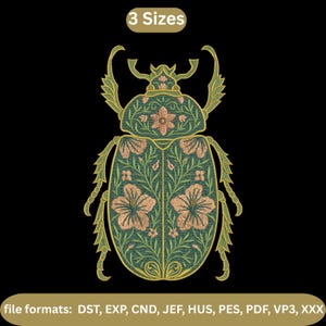 May include: An embroidered design of a beetle with floral patterns in shades of green, peach, and gold. The text "3 Sizes" is at the top, and the file formats are listed at the bottom. The design is set against a black background.