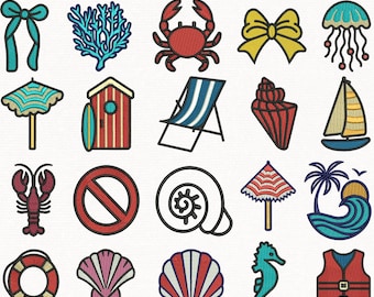 20 Tiny Coastal Embroidery Designs Bundle, Beach Icons Machine Embroidery, 3 Sizes, Instant Download.