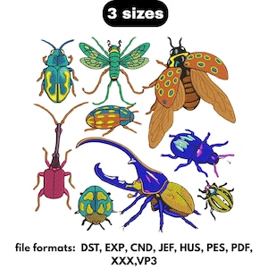 May include: A collection of embroidered insect designs in various colors, including blue, green, yellow, and red. The image includes the text "3 sizes" and lists file formats: DST, EXP, CND, JEF, HUS, PES, PDF, XXX, VP3.