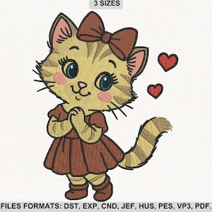 Lindo diseño de bordado de gatita: gatita esponjosa con lazo, vestido y corazones, 3 tamaños - Descarga instantánea.