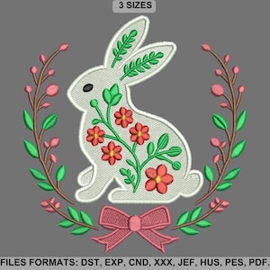 Floral Bunny Embroidery Design, Spring Rabbit with Flowers, Easter Bunny Embroidery Design, 3 Sizes, Instant Download.