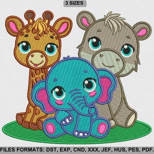 Baby Safari Animals Embroidery Design, Cute Jungle Animals Embroidery Design, Giraffe, Elephant & Hippo , 3 Sizes, Instant Download.