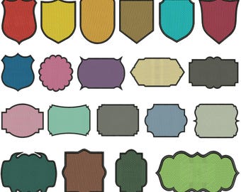 Peut inclure: Une collection de 20 motifs de cadres de patchs brodés de différentes formes et couleurs, dont des écussons, des ovales et des rectangles. Chaque logo est disponible en 10 tailles. Le texte "20 Shape Embroidery Patch Frame Bundle" et "Each Logo 10 Sizes" est inclus.