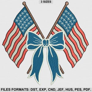 American Flag with Bow Embroidery Design, 4th of July Patriotic Machine Embroidery, Digital Embroidery File, 3 Sizes, Instant Download