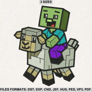 May include: An embroidered design of a pixelated zombie riding a pixelated sheep. The zombie has a green head, blue shirt, and purple trousers. The sheep is grey and white. The text "3 SIZES" is at the top.