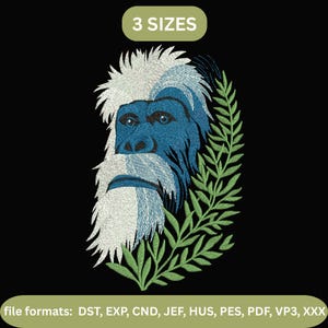 May include: Embroidered design featuring a blue and white yeti-like face with a white beard and hair, surrounded by green leaves, set against a black background. The text "3 SIZES" is in a green box. The image also lists file formats.