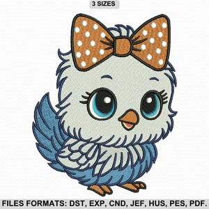 Motif de broderie poussin mignon avec noeud à pois, broderie Machine bébé oiseau, broderie machine animaux lunatique, téléchargement immédiat 3 tailles