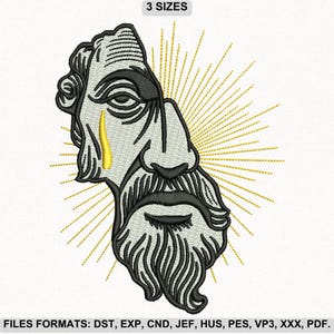 Könnte beinhalten: Ein gesticktes Design, das ein stilisiertes Halbprofil einer bärtigen Figur mit einer Träne zeigt. Das Design ist in Grau- und Schwarztönen gehalten, mit einer goldenen Träne und strahlenden goldenen Linien. Der Text "3 SIZES" ist oben.
