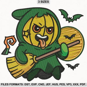 Cute Pumpkin Witch Embroidery Design, Halloween Cartoon Broomstick Machine Embroidery, 3 Sizes, Instant Download.