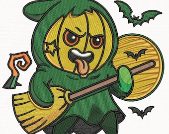Pumpkin Witch Embroidery Design, Halloween Cartoon Broomstick, 3 Sizes, Instant Download.