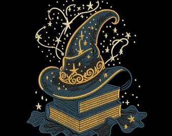 魔法の帽子の刺繍デザイン、呪文の本と星のパターン、3サイズ、すぐにダウンロード