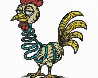 Funny Spiral Neck Rooster Embroidery Design, Cartoon Chicken, 3 Sizes, Instant download