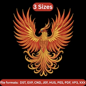 May include: An embroidered phoenix design in red, orange, and gold, with wings spread wide, on a black backdrop. The text "3 Sizes" is at the top. The bottom text lists file formats.