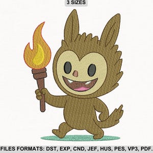 Adventure Torch Bearer Embroidery Design, Cute Cartoon Animal with Flame, Machine Embroidery File in 3 Sizes, Instant Download.