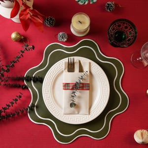 Handcrafted Faux Leather Table Mat, Wavy Edge, Spill-Resistant, Stitched Design, Dining Table Cover, Green Table Accent