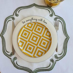 White Linen Square Handmade Fabric Placemat with Green Trim Scalloped Edge Embroidered Custom Table Mat for Dining Table