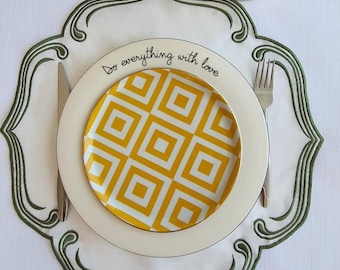 Embroidered White Linen Placemat: Green Trim Scalloped Edge, 15.7" Square