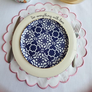 White Round Pink Ribbon Handmade Fabric Placemat with Scalloped Edge Embroidered Custom Table Mat for Dining Table and Event Decoration