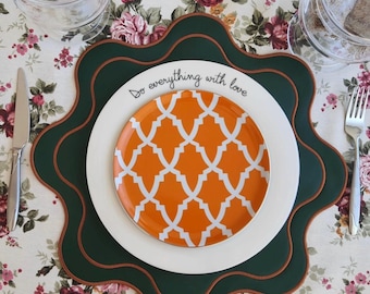 Embroidered Faux Leather Placemat: Green & Orange Scalloped Edge, Waterproof