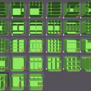 Puede incluir: Una cuadrícula de 27 organizadores de almacenamiento verdes, renderizados en 3D, cada uno con un diseño de compartimento interno único. Los organizadores son cuadrados o rectangulares, con varias configuraciones de divisores y estantes. El fondo es gris neutro.