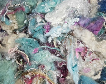 BETH MARCH - Recycled Wool Cotton Sparkle Mohair Mallows Eucalyptus Locks Fiber Art Texture Blend - 2 oz