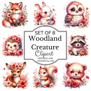 Woodland Animals Clipart Watercolor, Cute Creature Clipart Set, Nursery Clipart Transparent PNGs, Fox, Bear, Deer Sublimation Design Files