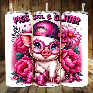 Pigs Bows and Glitter Tumbler Wrap, Cute Pig 20oz Skinny Tumbler Wrap PNG, Funny Pig Tumbler Wrap PNG, Sublimation Tumbler Design