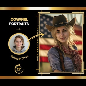 Custom Cowgirl Portrait From Photo, Western Art from Photo, Female Portrait, Birthday Gift for Her, Face Swap, Deep Fake, Mother&#39;s day gift