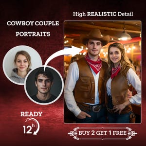 Custom Cowboy Couple Portrait From Photo, Western Art from Photo, Face Swap, Family Portrait, Birthday Gift for Her