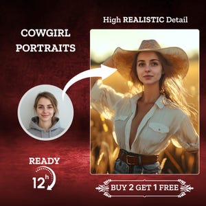 Custom Cowgirl Portrait From Photo, Western Art from Photo, Female Portrait, Birthday Gift for Her, Face Swap, Deep Fake Mother&#39;s day gift