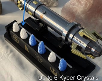 Lightsaber Display Stand with Kyber Crystal Holders and LED lighting.
